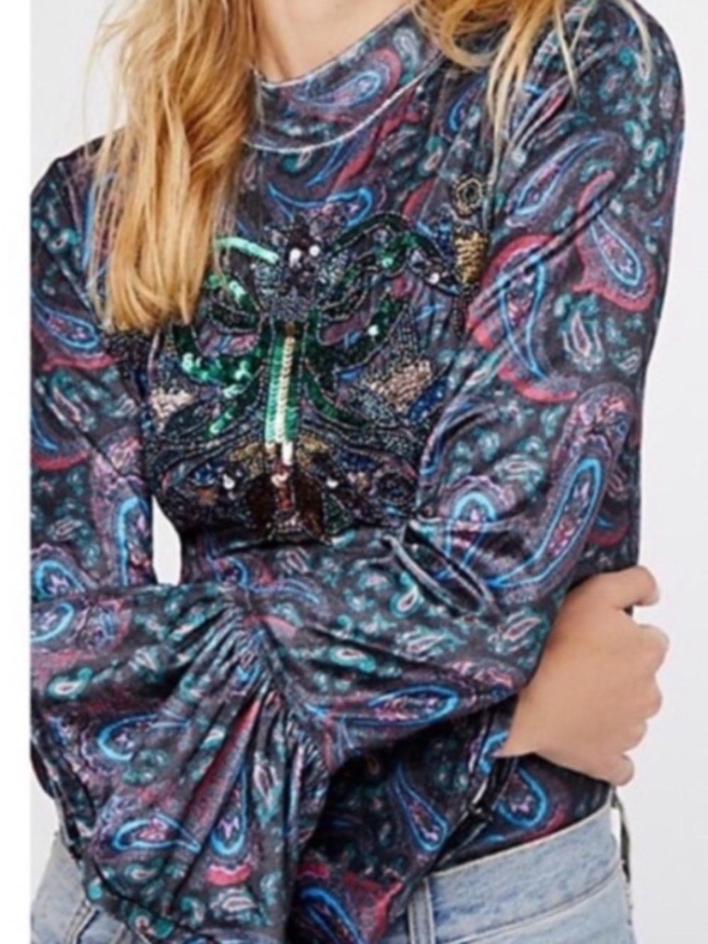 Free People We the Free L'Amour Velvet Bell Sleeve Top Paisley Boho New Medium